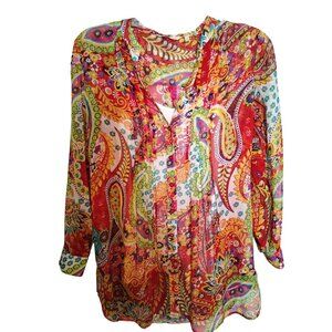 Soft Surroundings Size Small Paisley Tunic Blouse, Boho Sheer w/Cami, V-Neck
